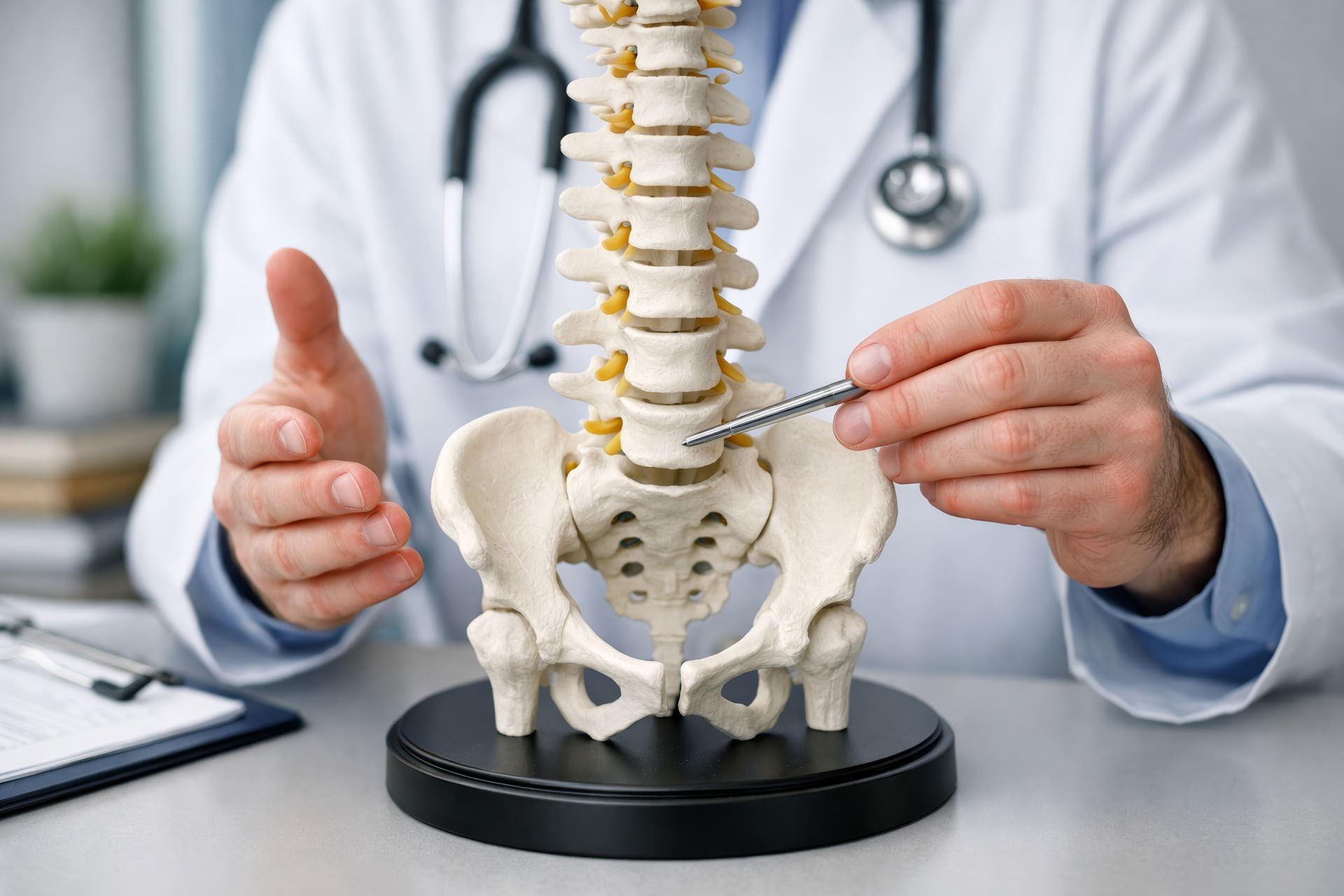 Person touching a spinal skeleton model